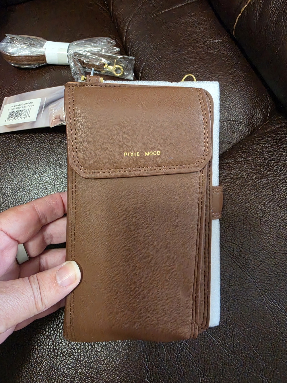 Pixie Mood Brown Vegan Leather Crossbody Wallet with Gold Logo